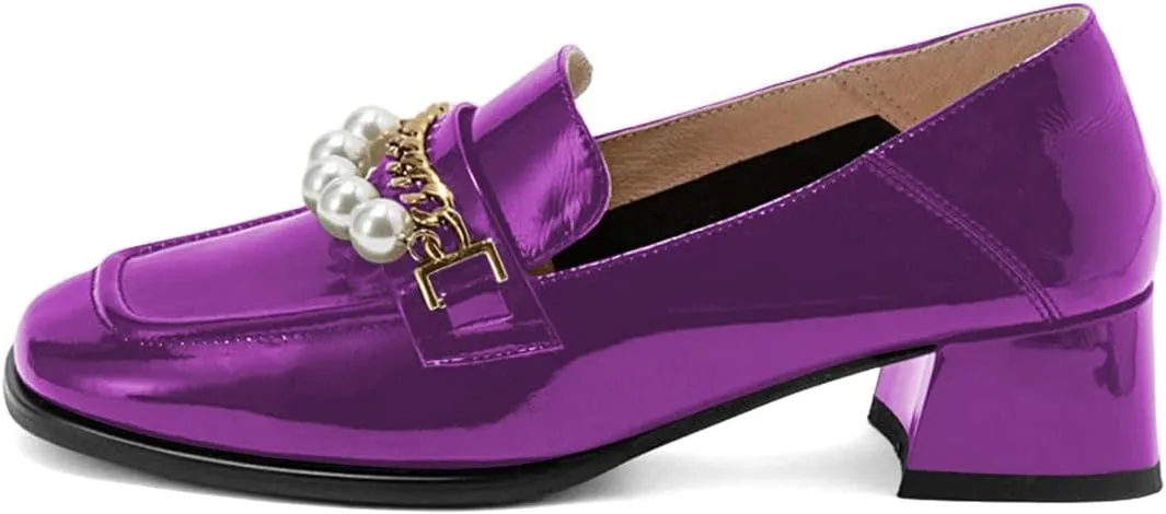 XYD Women Classic Closed Square Toe Golden Chain Pearl Loafer Low Chunky Heel Slip On Fall Daily Walking Comfy Shoes