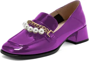 XYD Women Classic Closed Square Toe Golden Chain Pearl Loafer Low Chunky Heel Slip On Fall Daily Walking Comfy Shoes