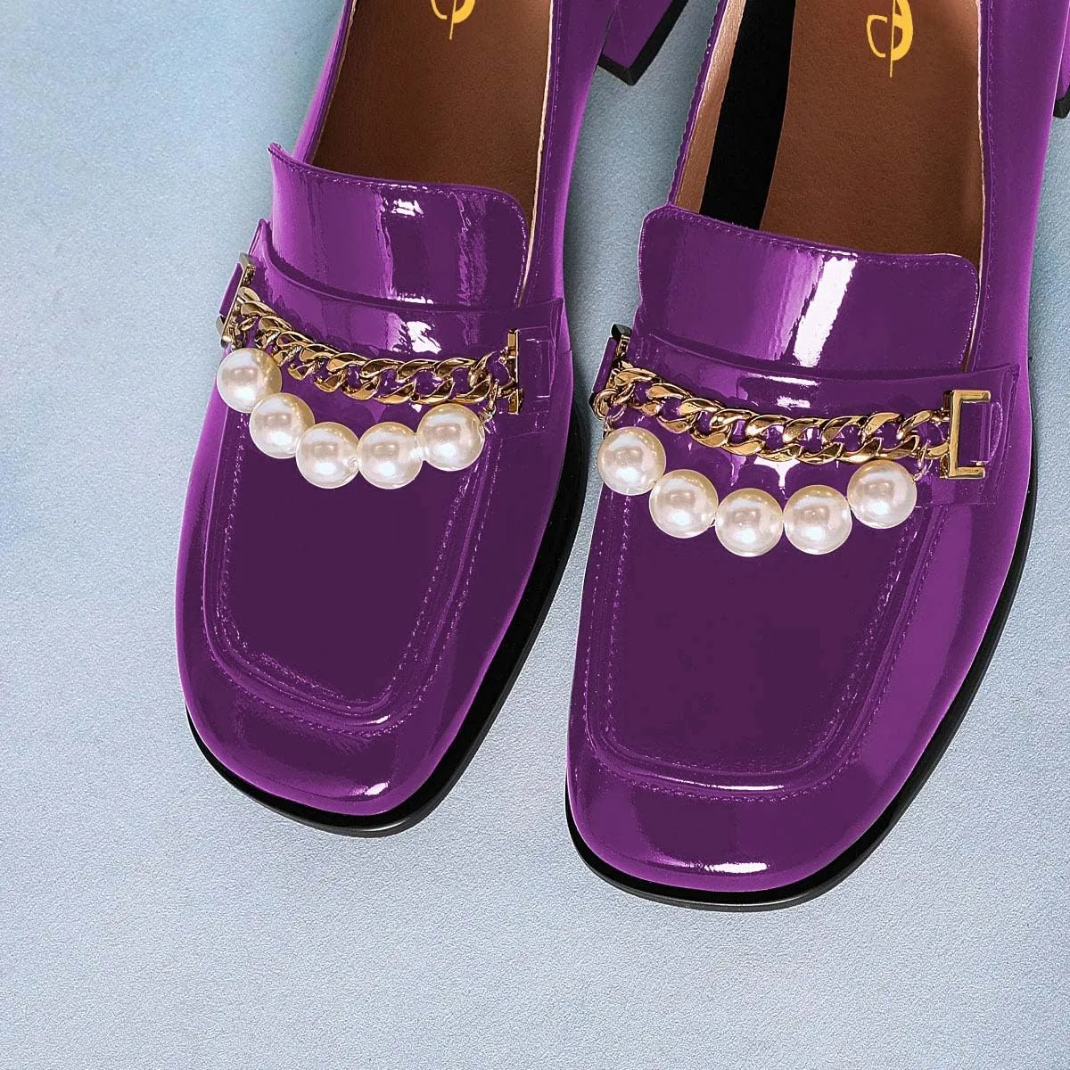 XYD Women Classic Closed Square Toe Golden Chain Pearl Loafer Low Chunky Heel Slip On Fall Daily Walking Comfy Shoes