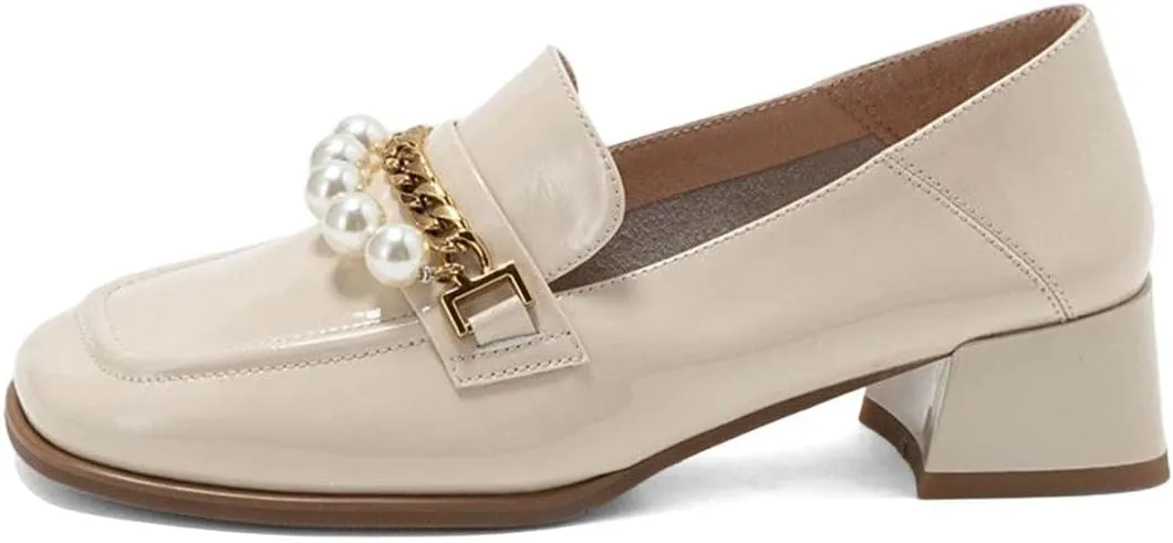 XYD Women Classic Closed Square Toe Golden Chain Pearl Loafer Low Chunky Heel Slip On Fall Daily Walking Comfy Shoes