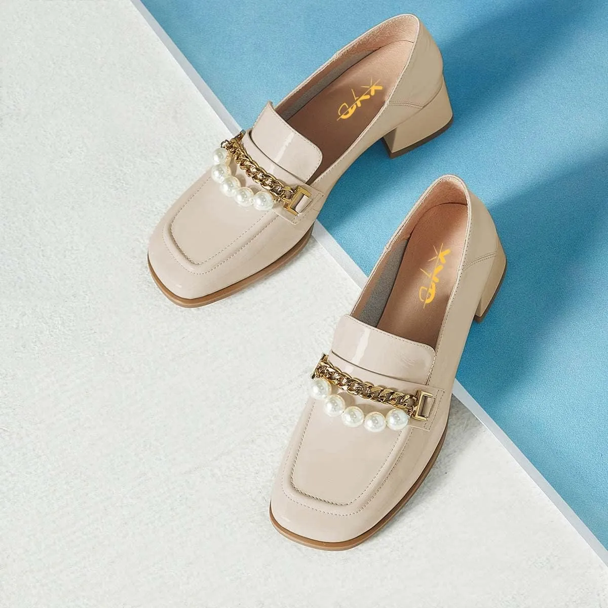 XYD Women Classic Closed Square Toe Golden Chain Pearl Loafer Low Chunky Heel Slip On Fall Daily Walking Comfy Shoes