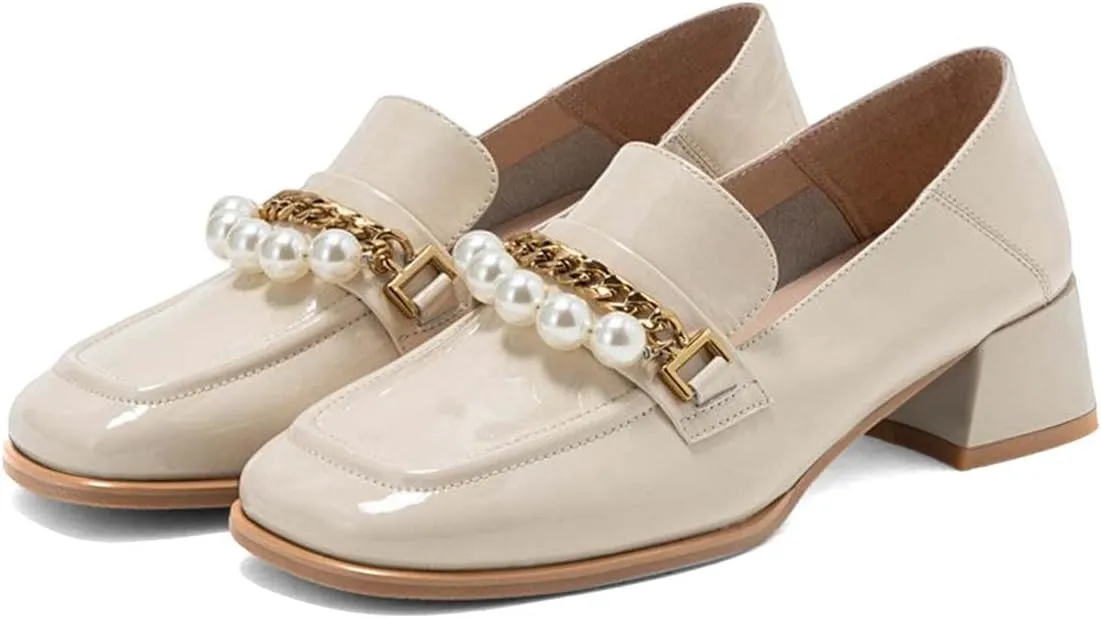XYD Women Classic Closed Square Toe Golden Chain Pearl Loafer Low Chunky Heel Slip On Fall Daily Walking Comfy Shoes