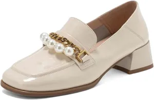 XYD Women Classic Closed Square Toe Golden Chain Pearl Loafer Low Chunky Heel Slip On Fall Daily Walking Comfy Shoes