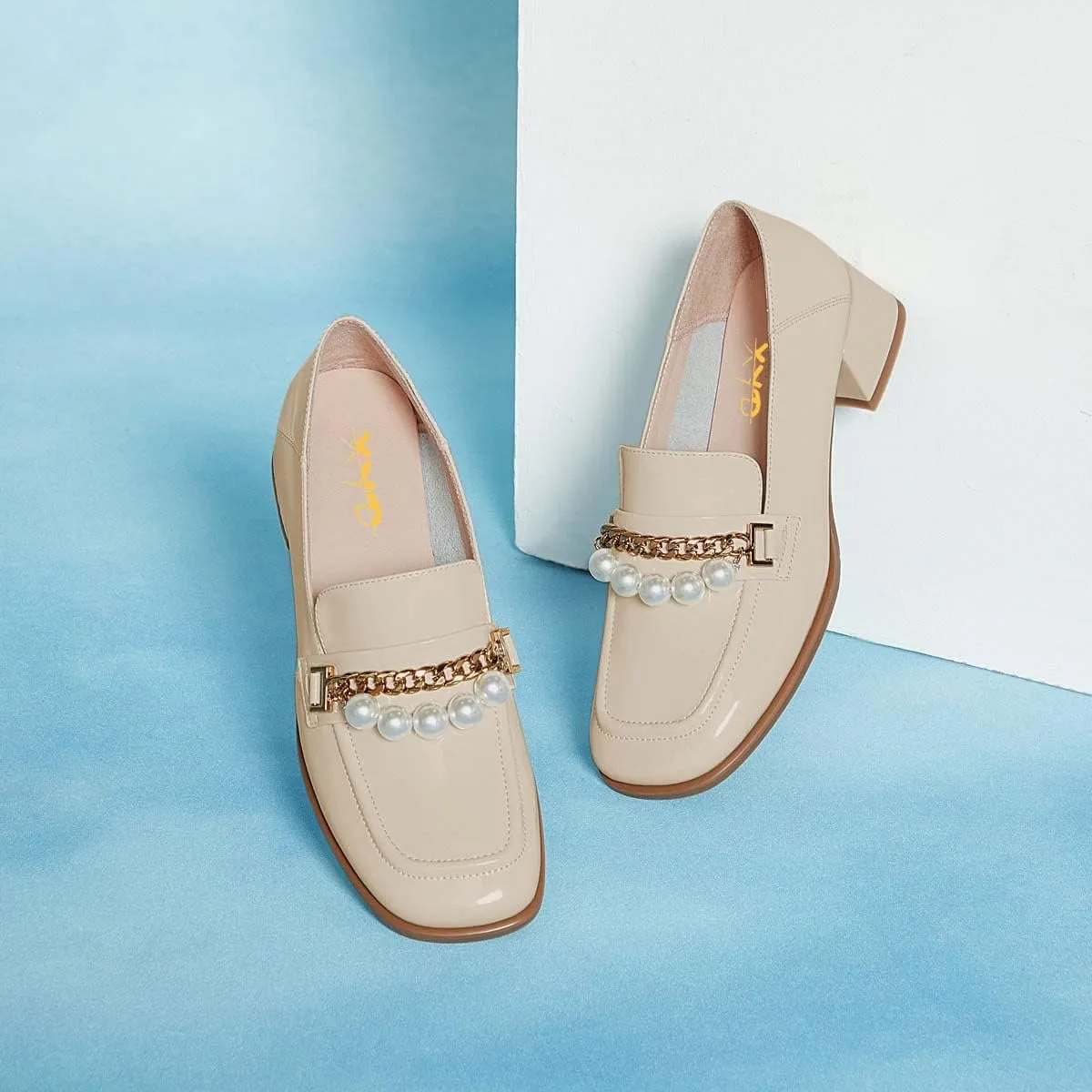 XYD Women Classic Closed Square Toe Golden Chain Pearl Loafer Low Chunky Heel Slip On Fall Daily Walking Comfy Shoes