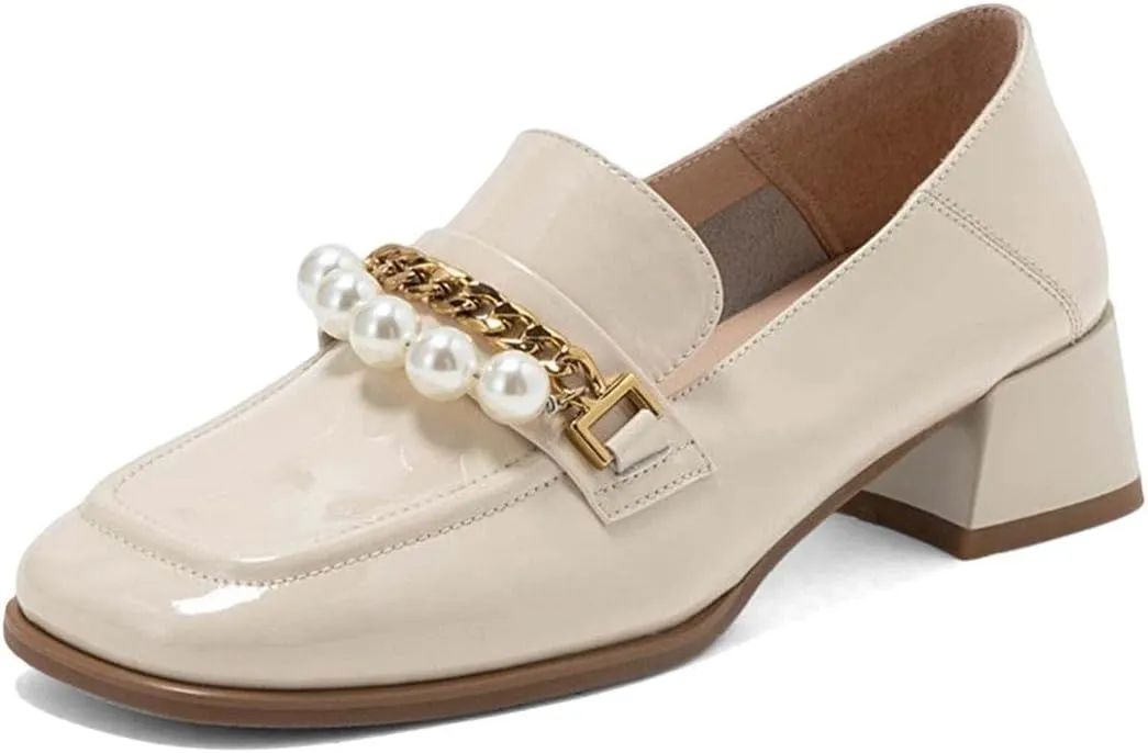 XYD Women Classic Closed Square Toe Golden Chain Pearl Loafer Low Chunky Heel Slip On Fall Daily Walking Comfy Shoes