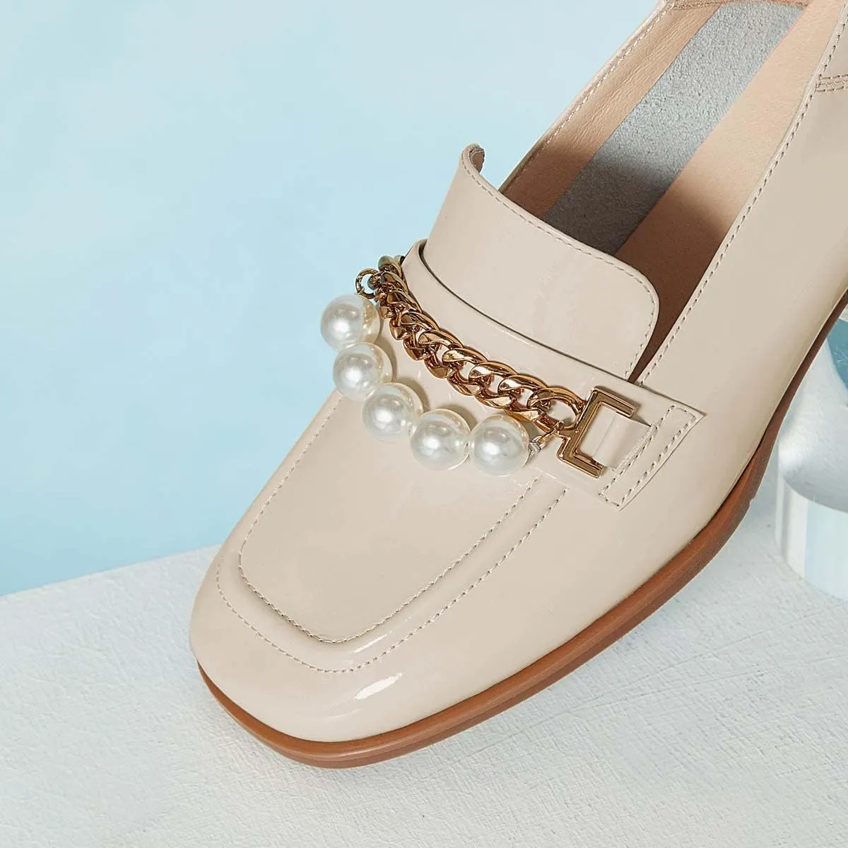 XYD Women Classic Closed Square Toe Golden Chain Pearl Loafer Low Chunky Heel Slip On Fall Daily Walking Comfy Shoes