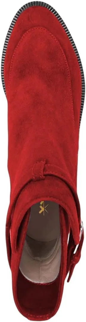 XYD Women Classic Pull On Suede Closed Round Toe Decorative Buckle Ankle Boots Low Heel Flats Winter Short Bootie Comfortable Travel Casual Shoes
