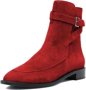 XYD Women Classic Pull On Suede Closed Round Toe Decorative Buckle Ankle Boots Low Heel Flats Winter Short Bootie Comfortable Travel Casual Shoes