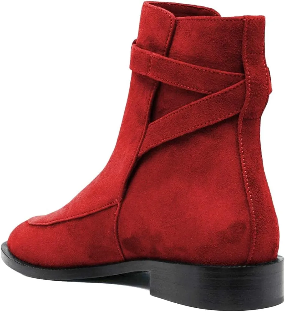 XYD Women Classic Pull On Suede Closed Round Toe Decorative Buckle Ankle Boots Low Heel Flats Winter Short Bootie Comfortable Travel Casual Shoes