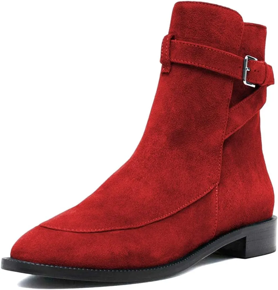 XYD Women Classic Pull On Suede Closed Round Toe Decorative Buckle Ankle Boots Low Heel Flats Winter Short Bootie Comfortable Travel Casual Shoes