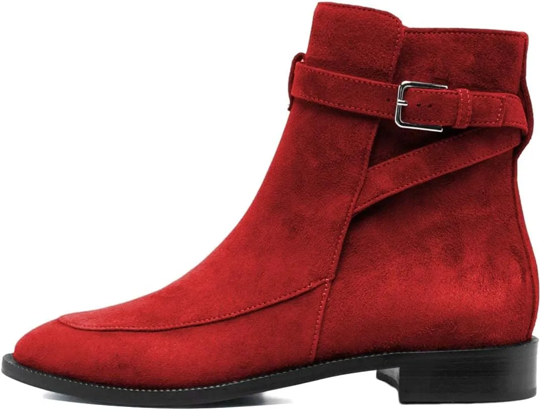 XYD Women Classic Pull On Suede Closed Round Toe Decorative Buckle Ankle Boots Low Heel Flats Winter Short Bootie Comfortable Travel Casual Shoes