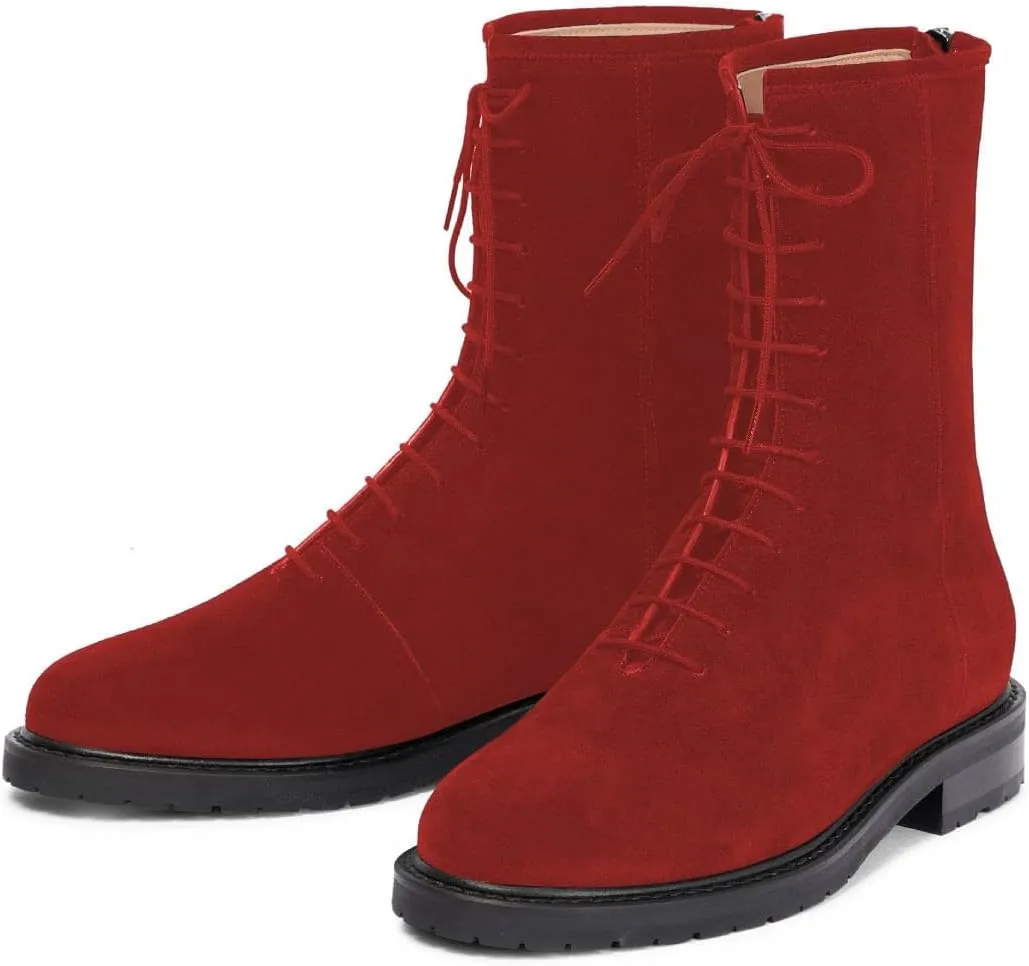 XYD Women Girls Combat Boots Lug Sole Stacked Chunky Heel Front Lace Up Back Zipper Flat Ankle Booties Fashion Walking Daily Shoes