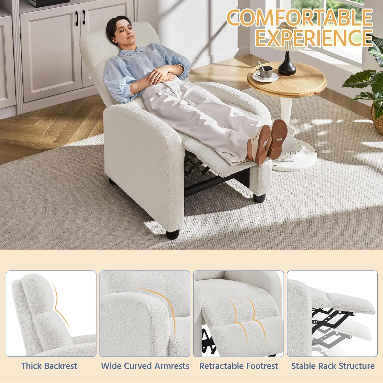 Yaheetech Boucle Recliner Chair Single Sofa Home Theater Seating Adjustable Modern Single Reclining Chair for Living Room Bedroom Home Theater Cream