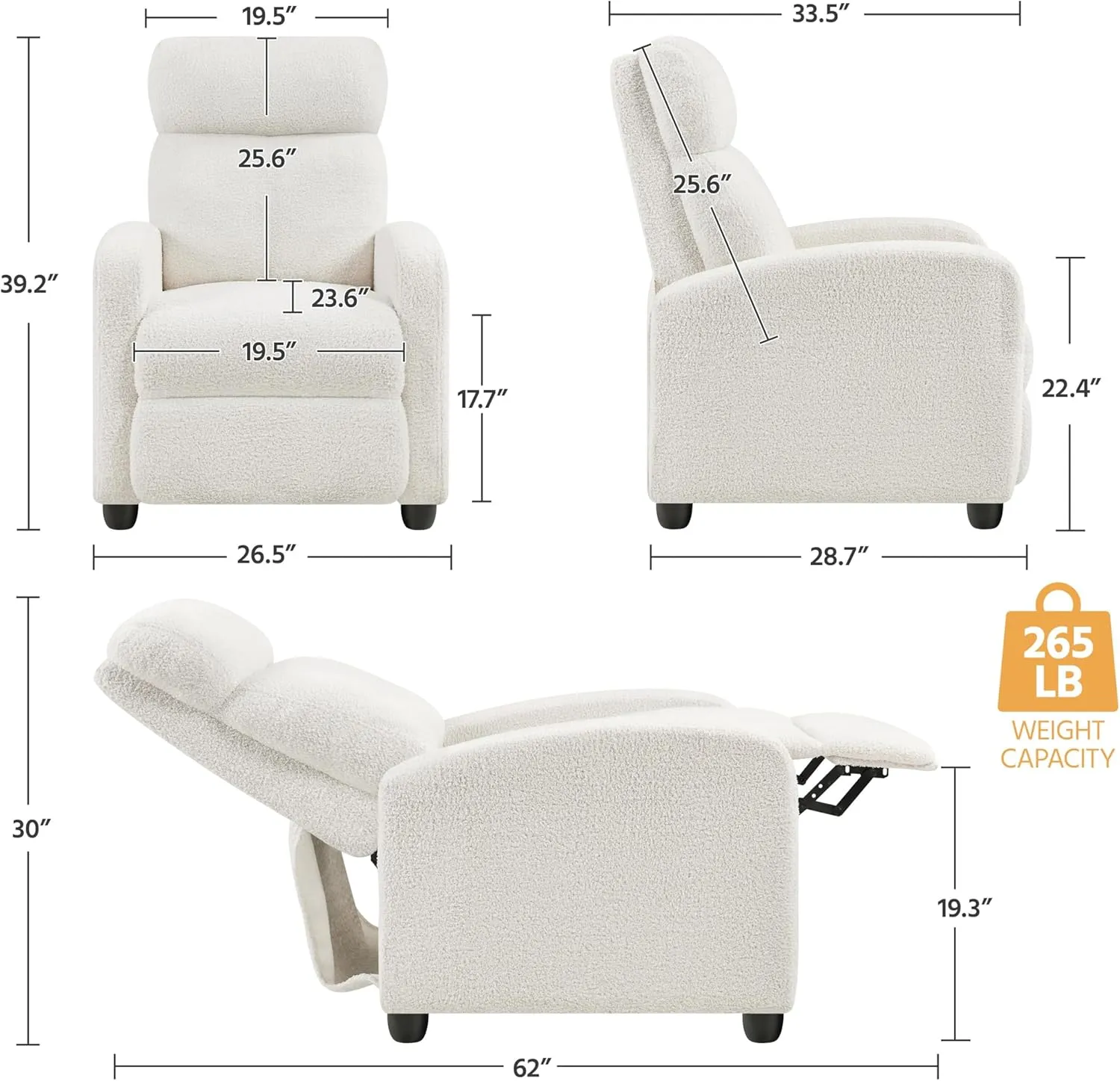 Yaheetech Boucle Recliner Chair Single Sofa Home Theater Seating Adjustable Modern Single Reclining Chair for Living Room Bedroom Home Theater Cream
