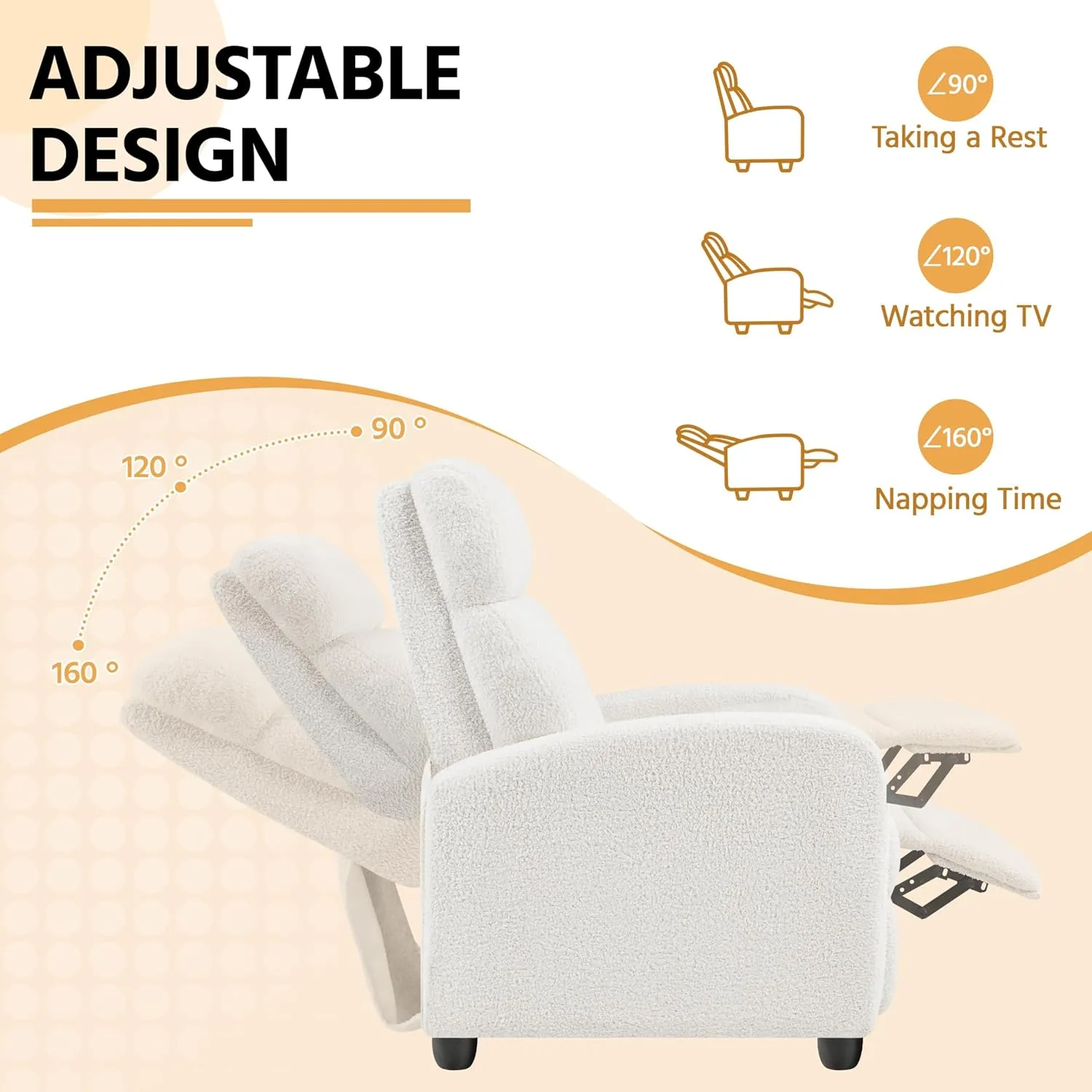 Yaheetech Boucle Recliner Chair Single Sofa Home Theater Seating Adjustable Modern Single Reclining Chair for Living Room Bedroom Home Theater Cream