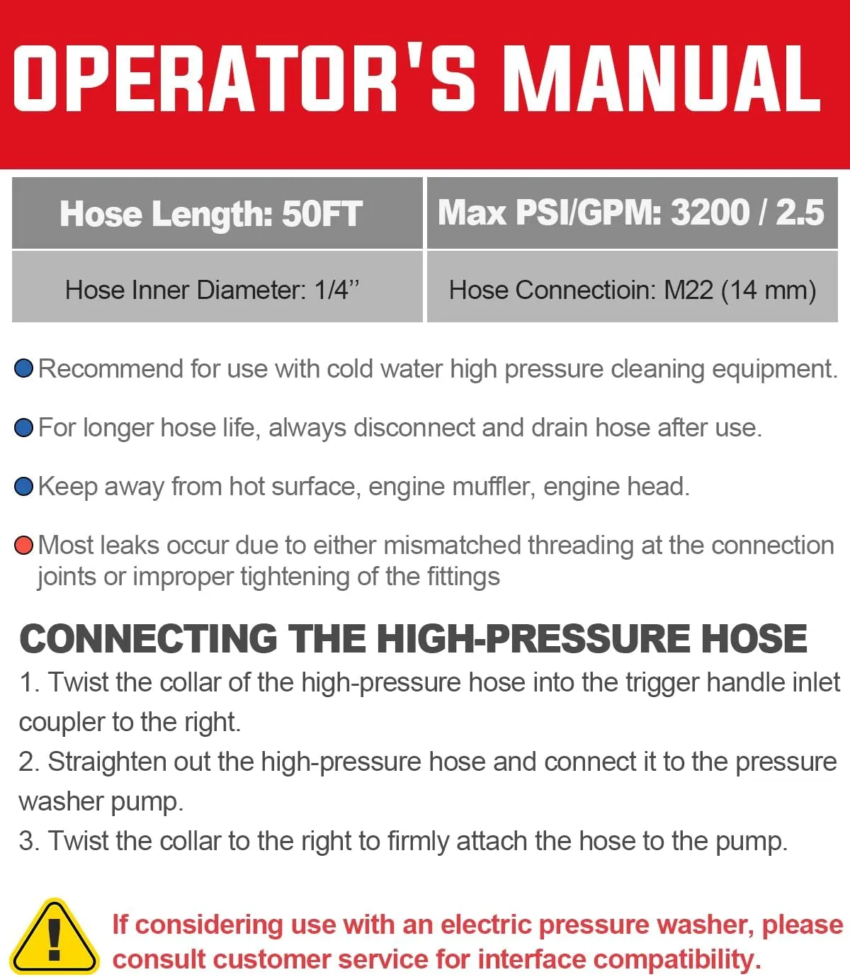 YAMATIC Kink Resistant Pressure Washer Hose 50FT 1/4" M22 Brass Fitting Power Washer Hose Replacement for Ryobi, Troy Bilt, Greenworks, CRAFTSMAN Most Brand Power Washer, 3200 PSI