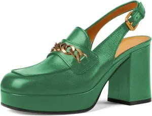 YDN Women Platform Square Toe Chunky High Heel Pumps Slingback Strap Buckle Chains Loafer Shoes Daily Shopping Outdoor Size 4-16 US