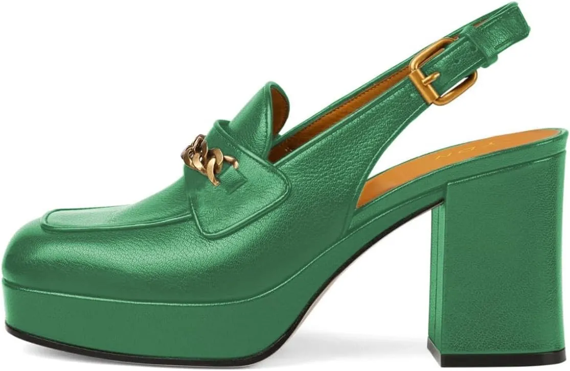 YDN Women Platform Square Toe Chunky High Heel Pumps Slingback Strap Buckle Chains Loafer Shoes Daily Shopping Outdoor Size 4-16 US