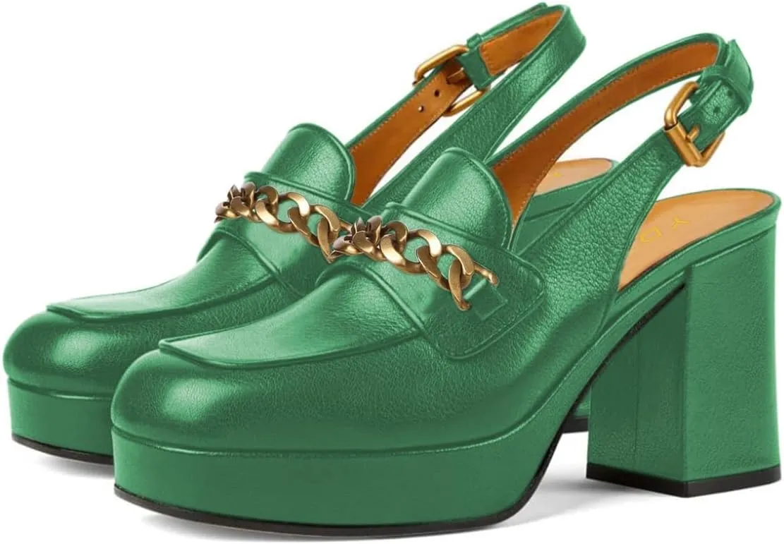 YDN Women Platform Square Toe Chunky High Heel Pumps Slingback Strap Buckle Chains Loafer Shoes Daily Shopping Outdoor Size 4-16 US