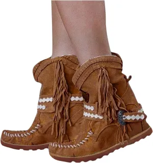 ZBYY Women Suede Fringe Ankle Booties Winter Warm Round Toe Flat Short Anti-Slip Short Boots Bohemian Tassel Cowgirl Boots