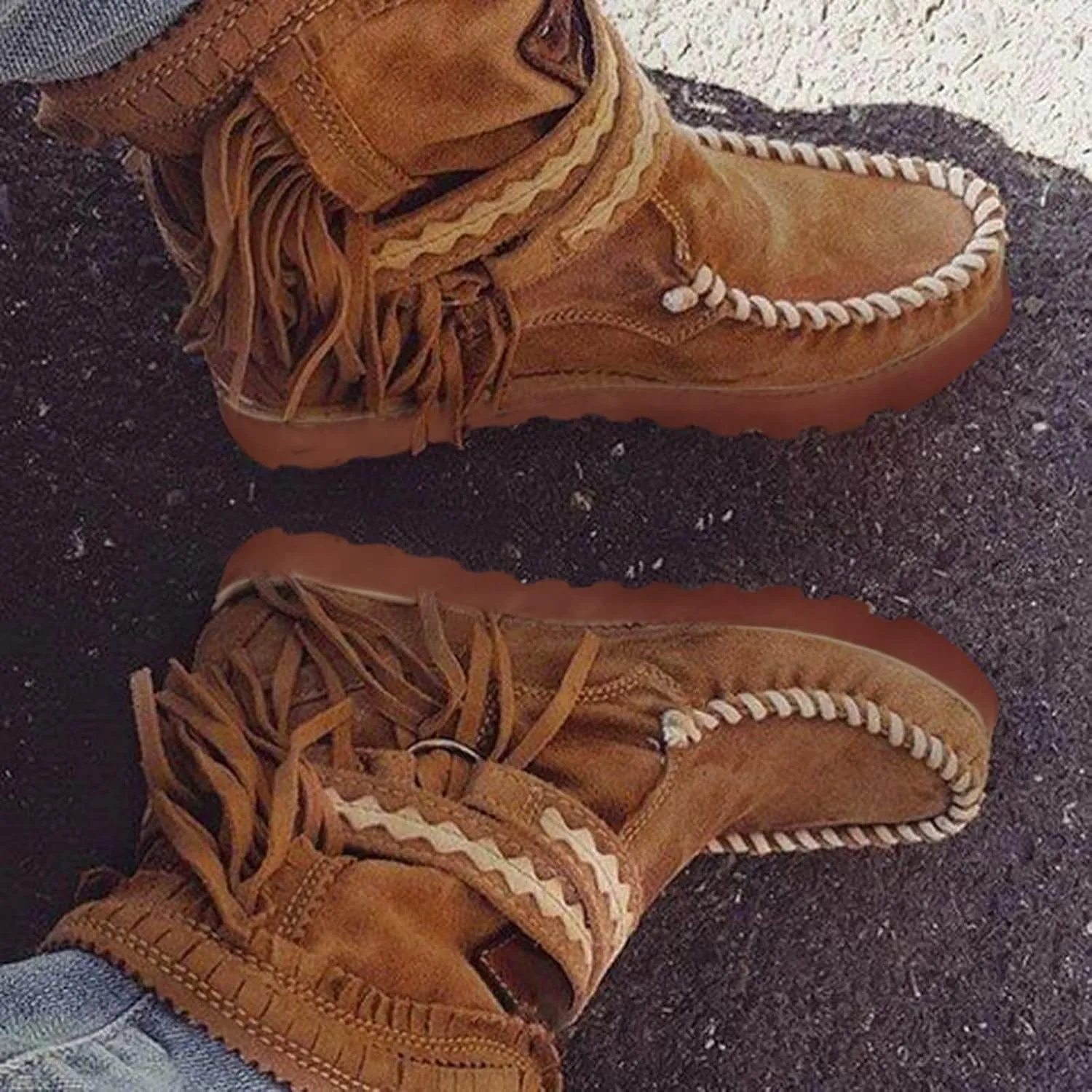ZBYY Women Suede Fringe Ankle Booties Winter Warm Round Toe Flat Short Anti-Slip Short Boots Bohemian Tassel Cowgirl Boots
