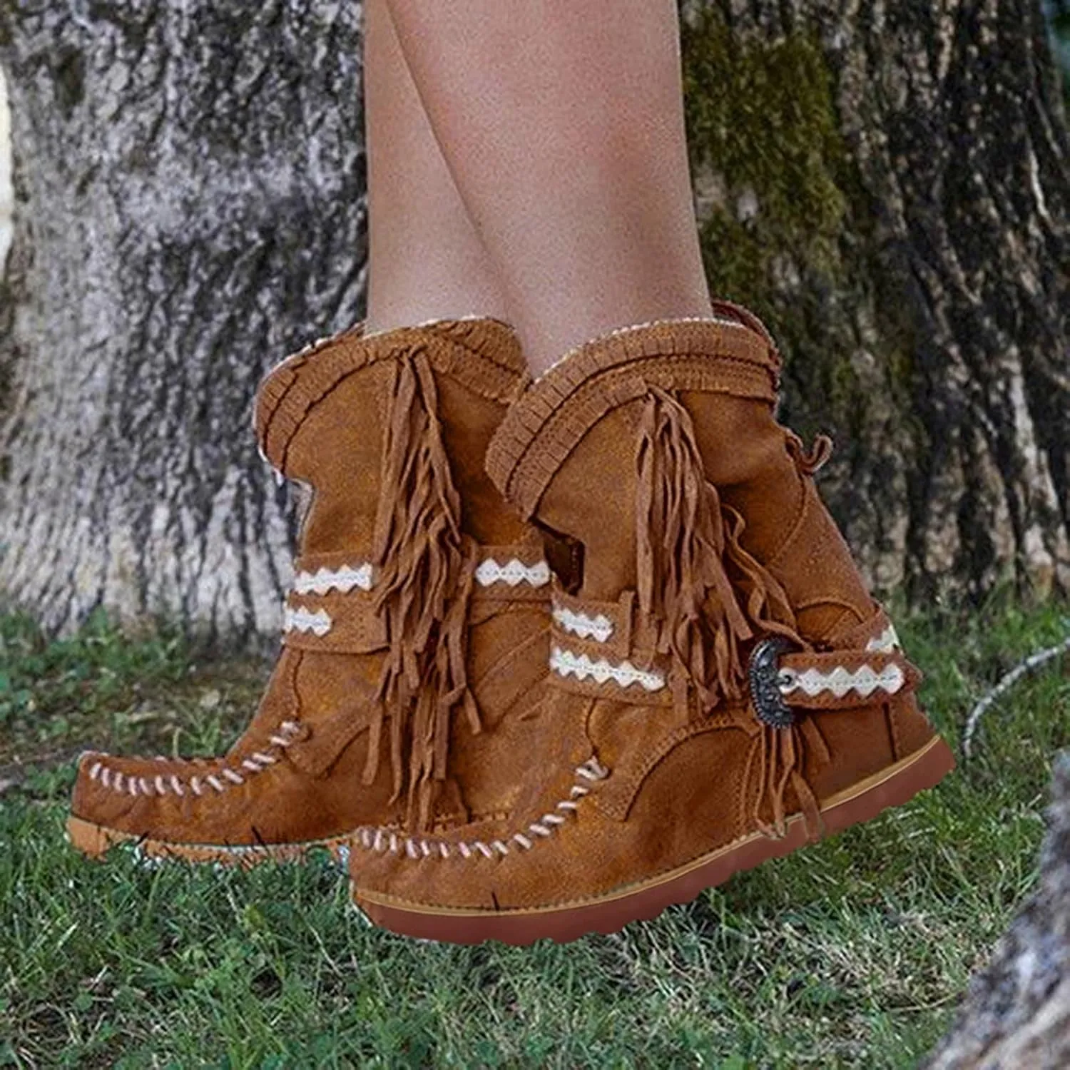 ZBYY Women Suede Fringe Ankle Booties Winter Warm Round Toe Flat Short Anti-Slip Short Boots Bohemian Tassel Cowgirl Boots