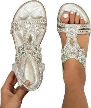 ZBYY Womens Flats Sandals Bohemia Rhinestone Open Toe Elastic Ankle Strap Sandals Summer Comfortable Beach Shoes Sandals