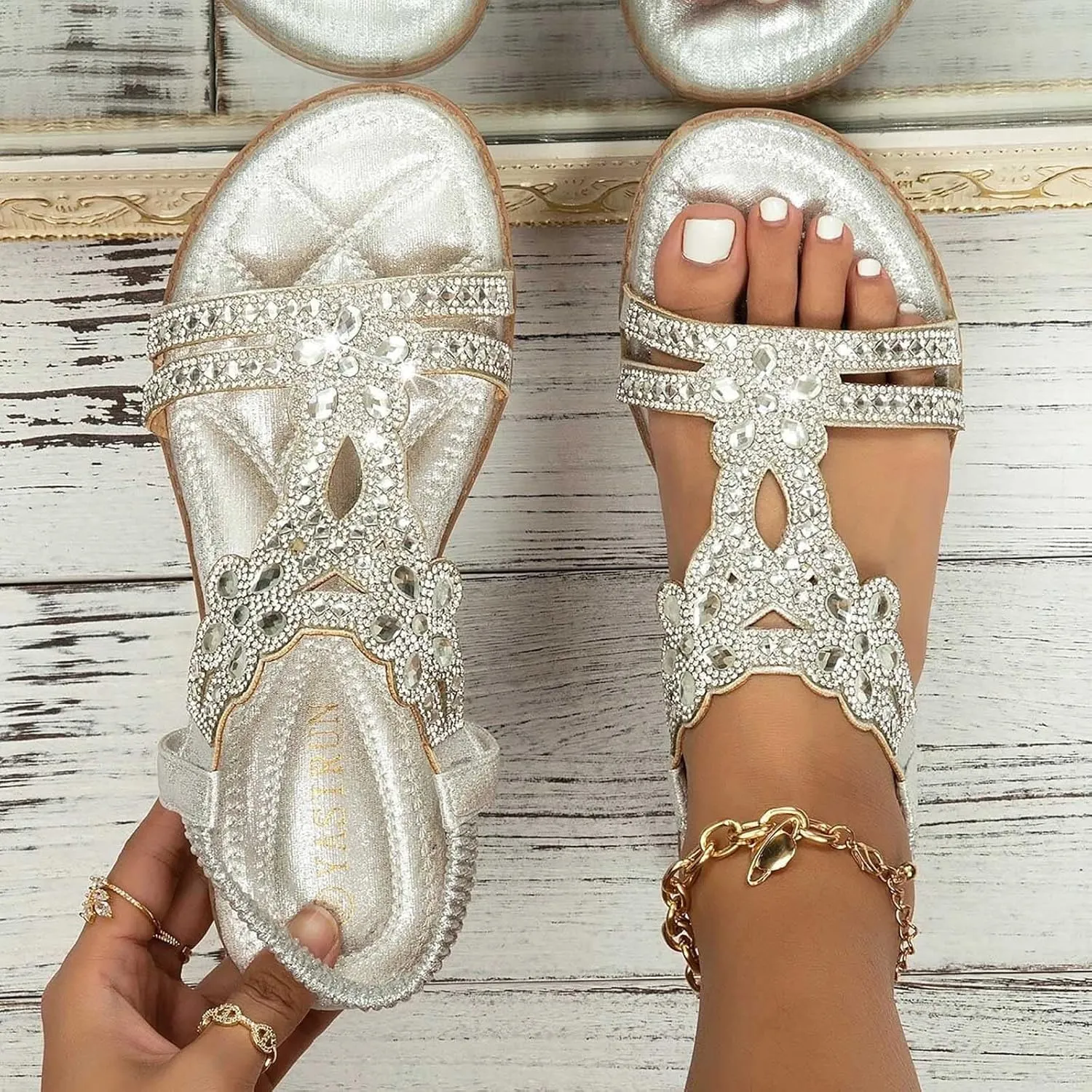 ZBYY Womens Flats Sandals Bohemia Rhinestone Open Toe Elastic Ankle Strap Sandals Summer Comfortable Beach Shoes Sandals