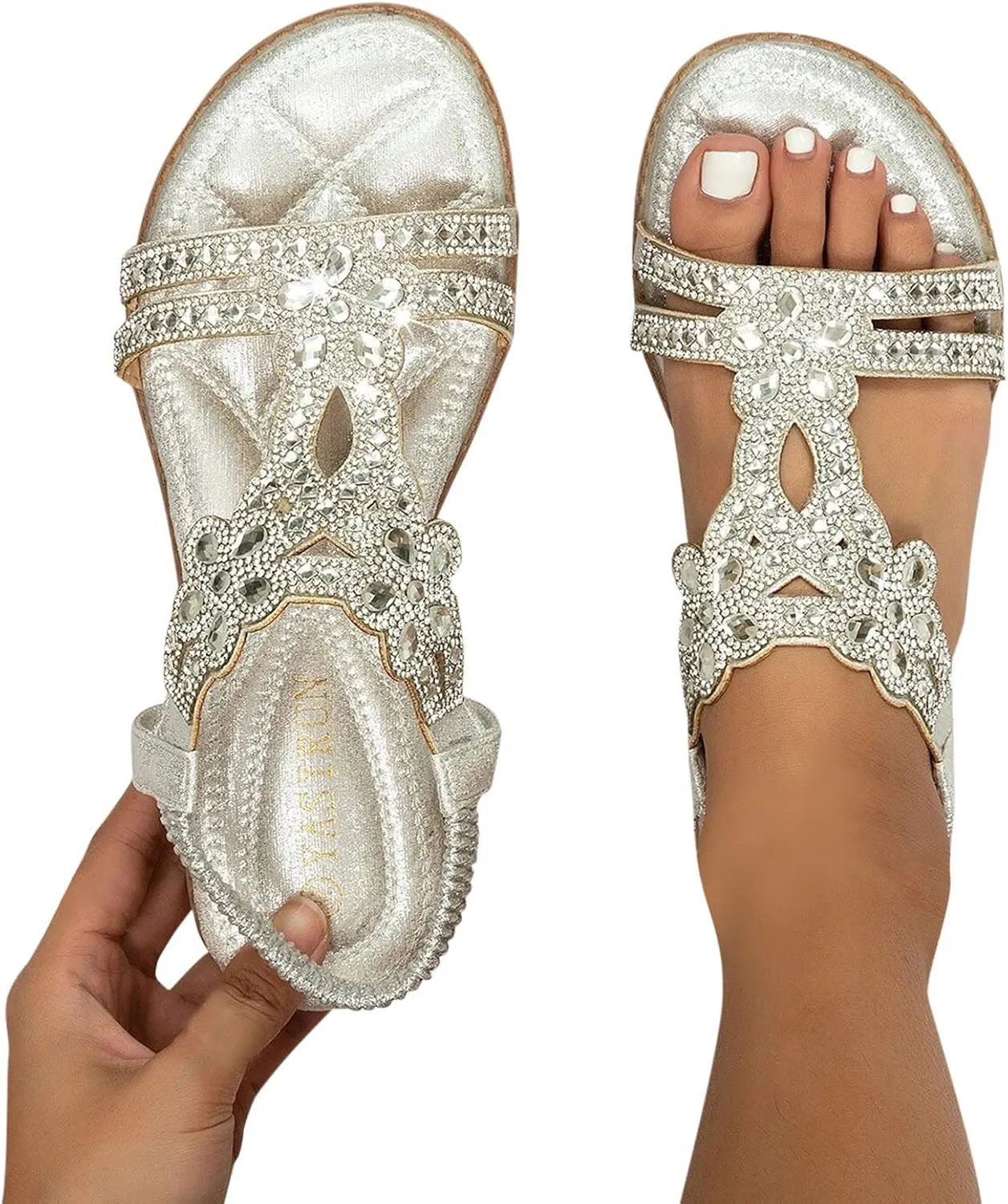 ZBYY Womens Flats Sandals Bohemia Rhinestone Open Toe Elastic Ankle Strap Sandals Summer Comfortable Beach Shoes Sandals
