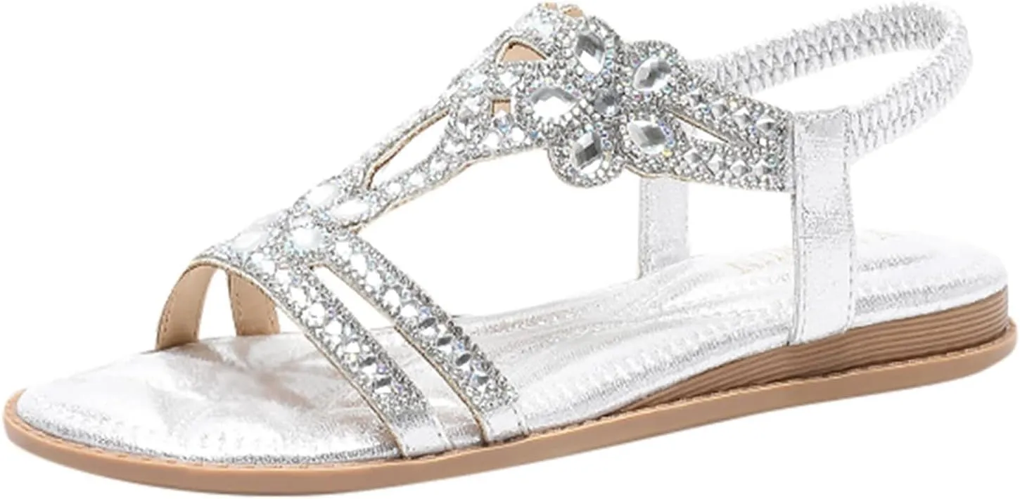 ZBYY Womens Flats Sandals Bohemia Rhinestone Open Toe Elastic Ankle Strap Sandals Summer Comfortable Beach Shoes Sandals