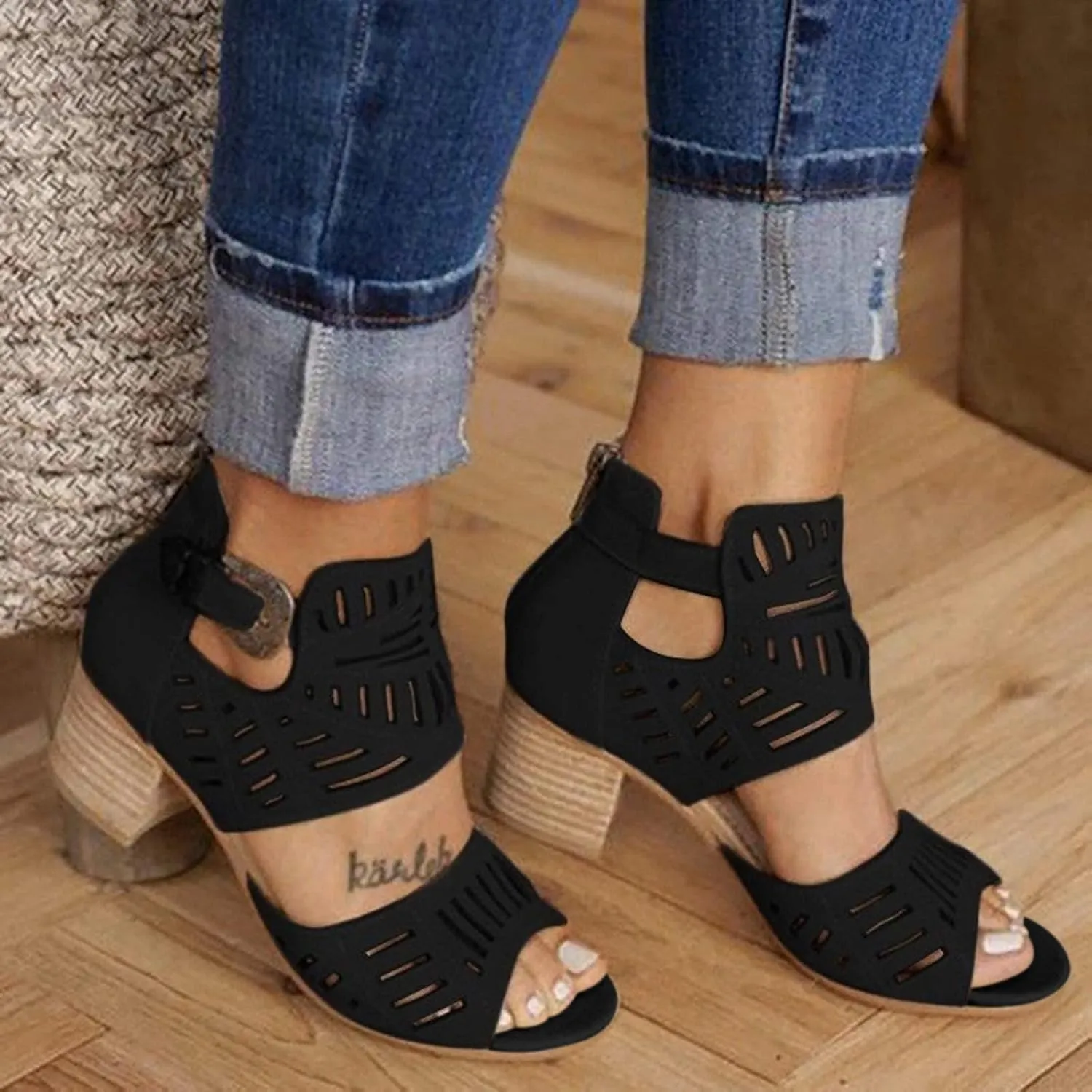 ZKXYFFS Chunky Heel Sandals for Women Cutout Peep Toe Zipper Wedges Sandals Summer Beach Dressy Party High Heeled Sandals